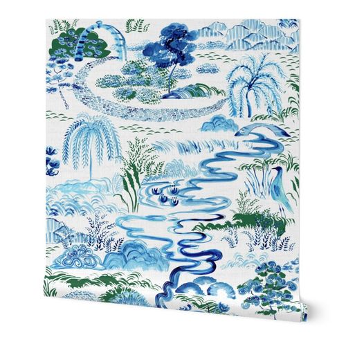 Modern Chinoiserie Landscape in Cobalt and Emerald