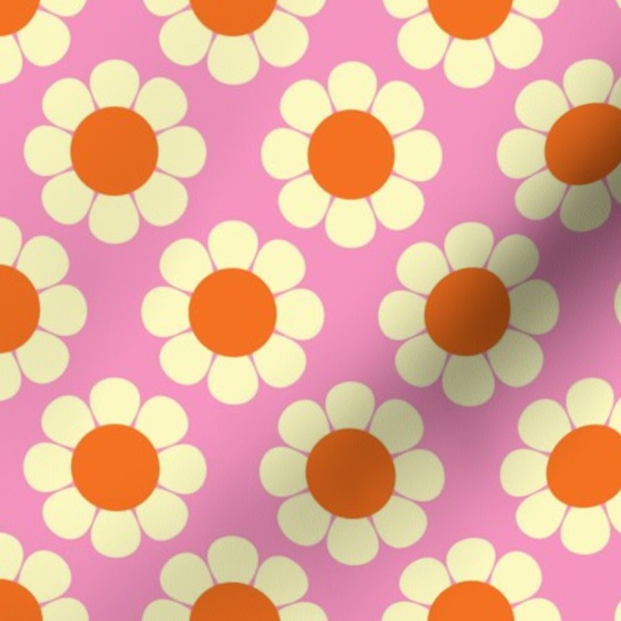 60s 70s Retro Flowers in Tangerine Orange and Vanilla White on Bright Pink Background Fabric
