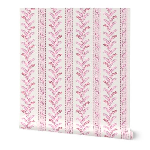 Watercolor Grandmillennial climbing vine leaves and stripes - pink plum
