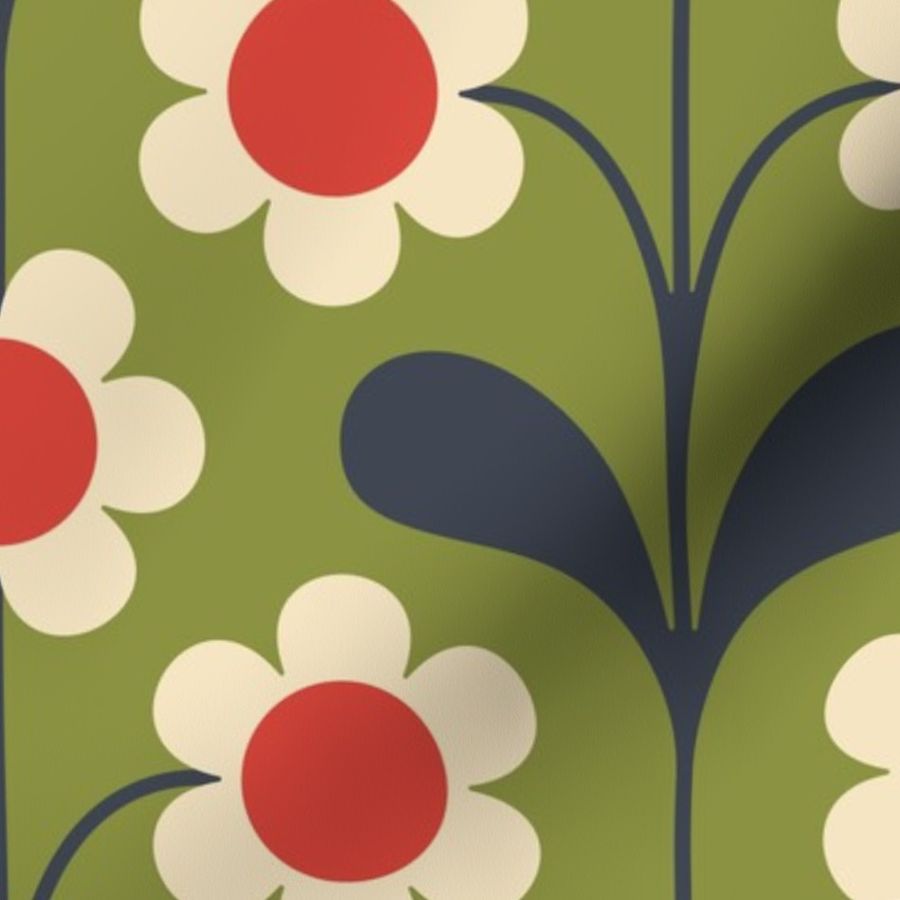KF 0156 A - Large 12" - Vintage Retro Daisies 70s Modern Geometric Floral Fabric