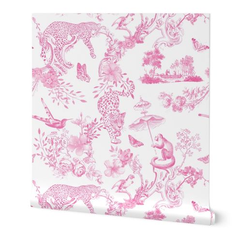 Preppy Chinoiserie Pink Jungle Toile Pattern with Leopards and Monkeys