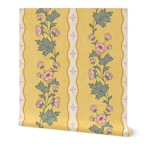 Clarabelle Vine Vertical Stripe Floral pastel yellow