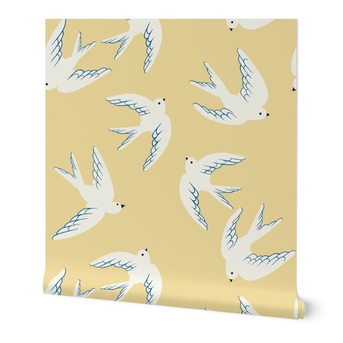 Flying Birds on Dusty Yellow, Medium Scale