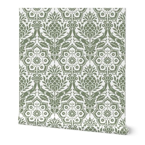 Grand Millennial Vintage Exotic Pineapples, Sage Green and White Floral Damask, and Flowers for Decorative Excellence in Powder Room