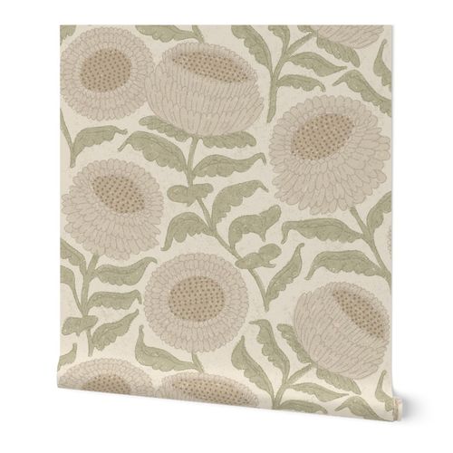 Warm Neutral Calming Farmhouse Folk Floral Blooms - Cream Olive (Lg)