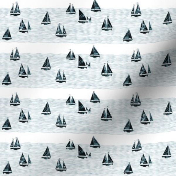 beach nautical artistic small blue sailboats and waves