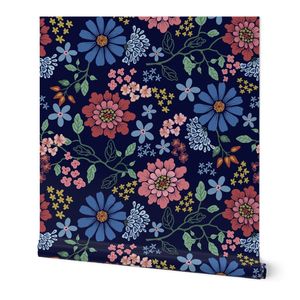 Warm Rich Tones Chinese style Large Floral pattern on midnight Blue