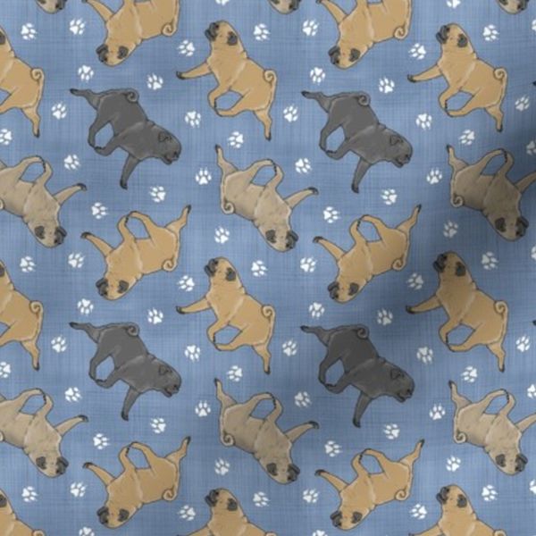 Tiny Trotting Pugs and paw prints - faux denim