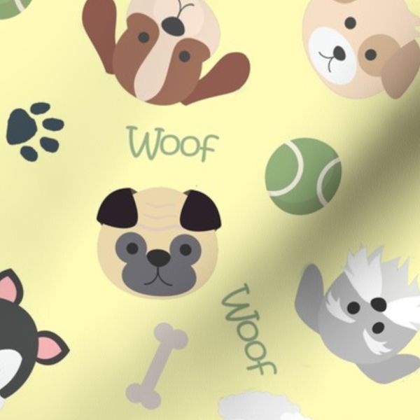 Dog Faces and Objects Seamless Pattern on Yellow