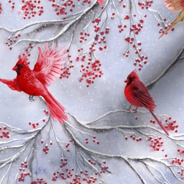 Cardinal birds on a snowy winter tree with red berries SMALL