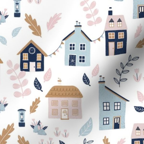 Scandi Style Houses and Leaves (M) in Blue and Blush