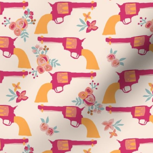 Guns Cowgirl Flowers Small scale Warm Cream