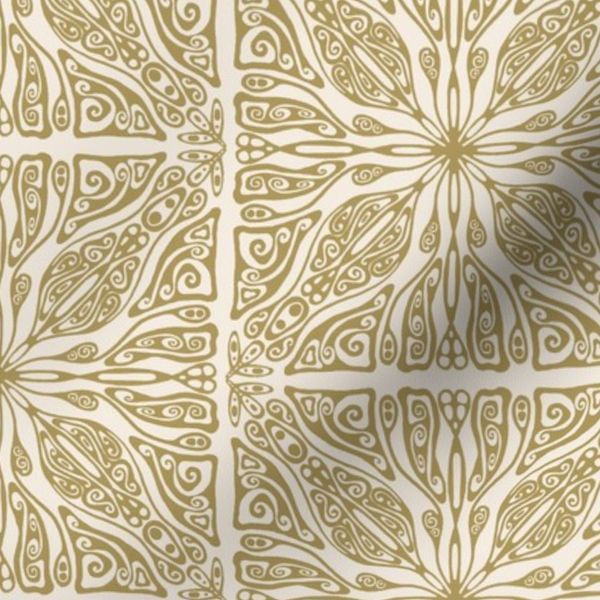CREAM AND DARK YELLOW MUSTARD CELTIC FOLK ART MANDALA TILE 6 INCH