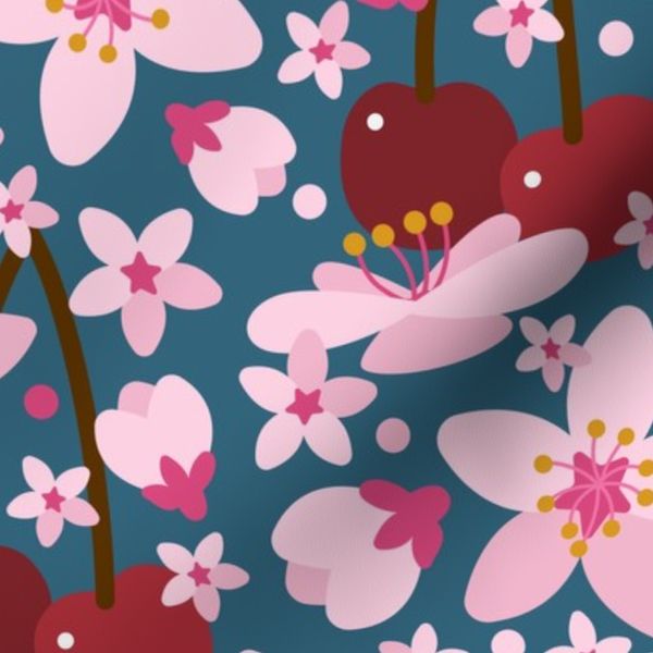 Cherries and Cherry Blossoms Sakura Blossom Pink on Blue Flowers