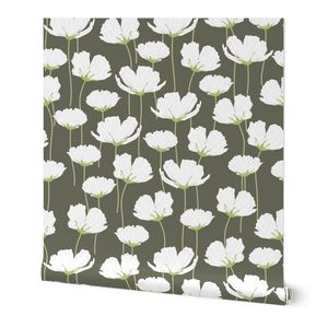 Garden Serenity Olive Green Flowers Floral Botanical Buttercups Poppies