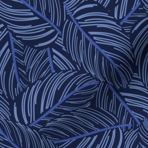 Small scale / Exotic calathea leaf / oxford navy blue blue lines
