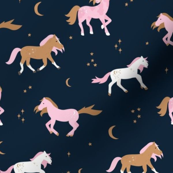 Magical Night time running horses in cinnamon pink white on midnight blue
