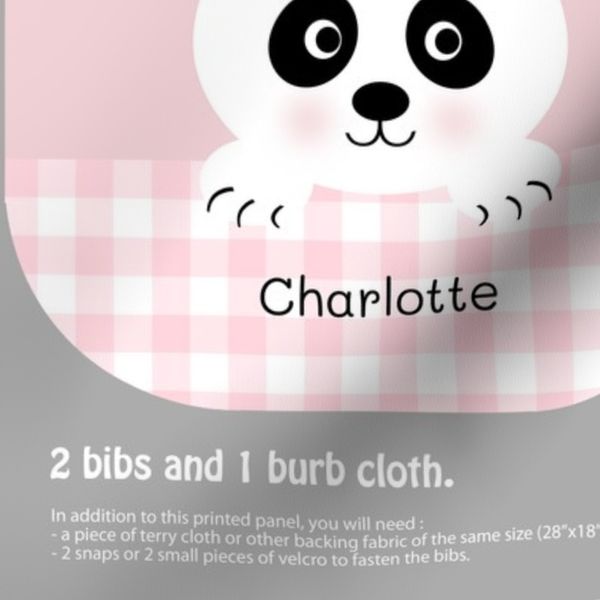 Baby panda bibs and burp cloth CHARLOTTE name in candy pink grey white