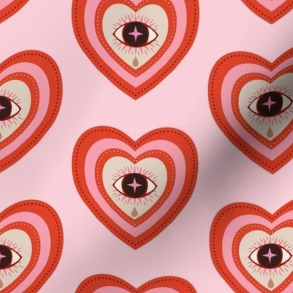Hearts and eyes with teardrops crying eye in concentric hearts orange