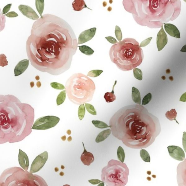 Large // Mila Watercolor roses leaves rosebuds & dots