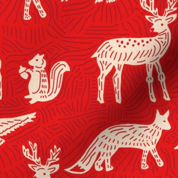 Nordic Woodland Animals - Woodcut Drawing // red