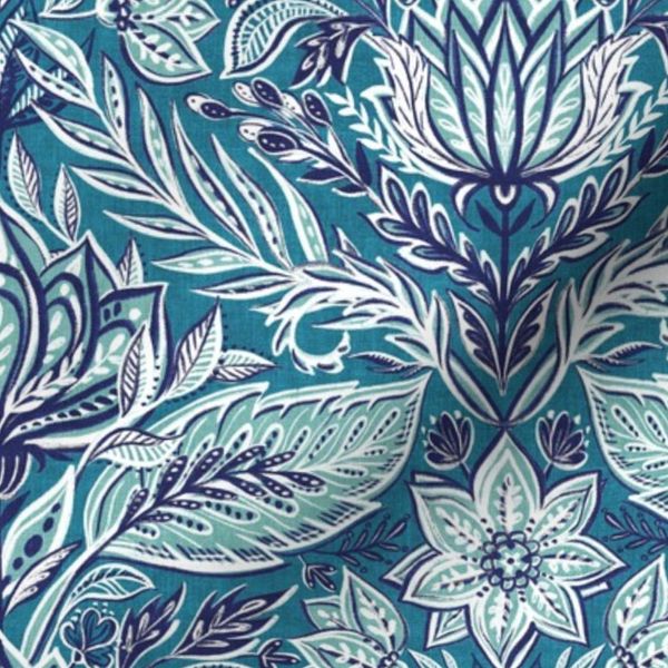 Stylized Botanical Damask in Teal Navy Blue and White - medium