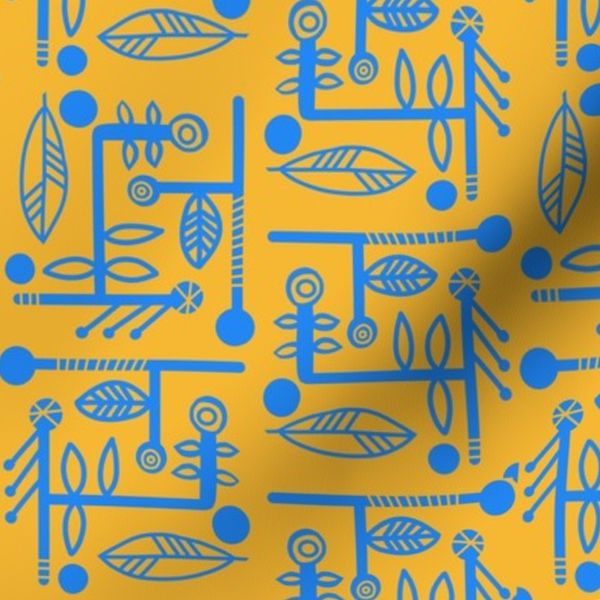 Glyphs leaves and runes in blue and yellow