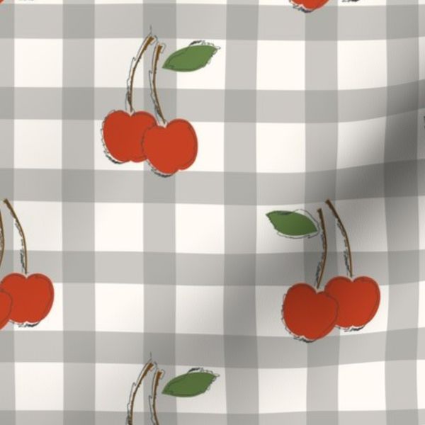 Red cherries on grey and white gingham pattern - medium