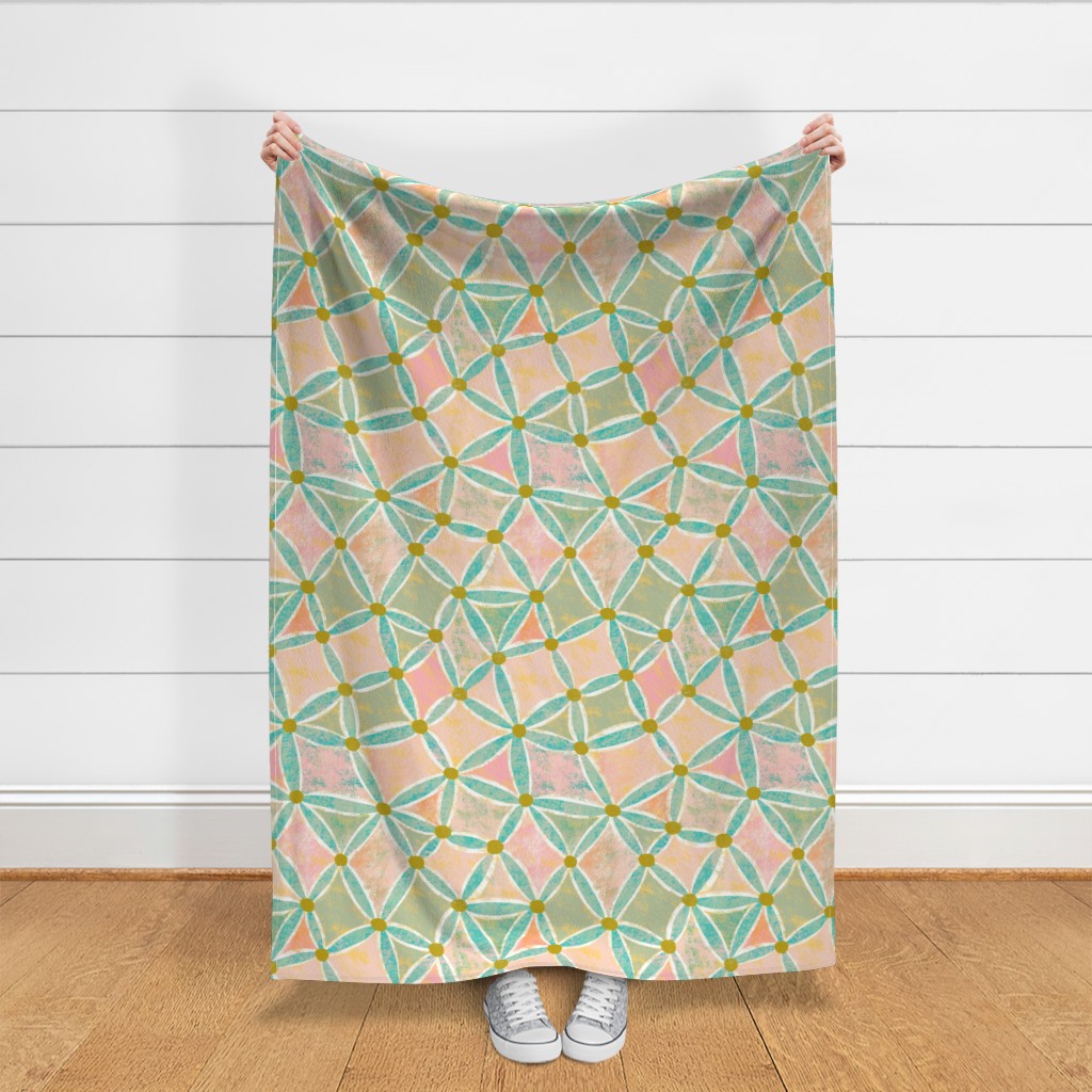 Throw blanket held up in front of a white shiplap wall
