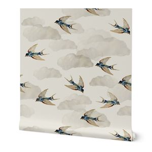 Large retro birds vintage flying swallow birds and clouds in watercolor
