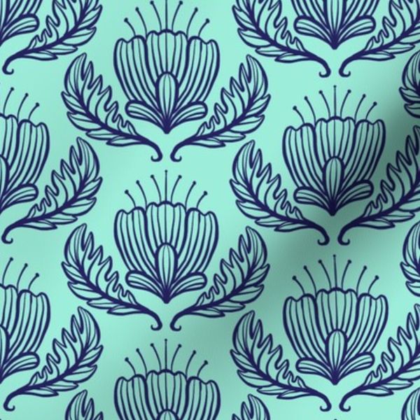 Simple Damask Bright Blues Inverted