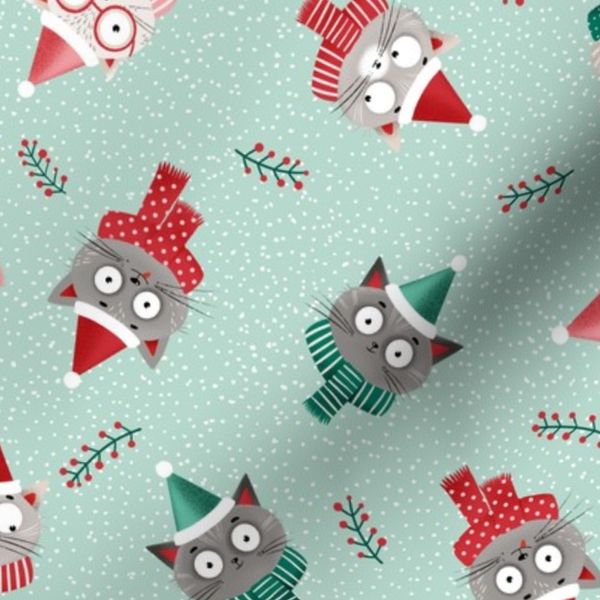 Medium Christmas cats in red Santa hats and scarfs on green mint medium