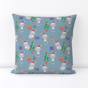 Denim blue Cute Christmas Cat with Tree and Presents Kids Print