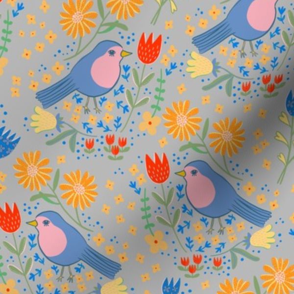 Birds and flowers - bird floral - grey - small