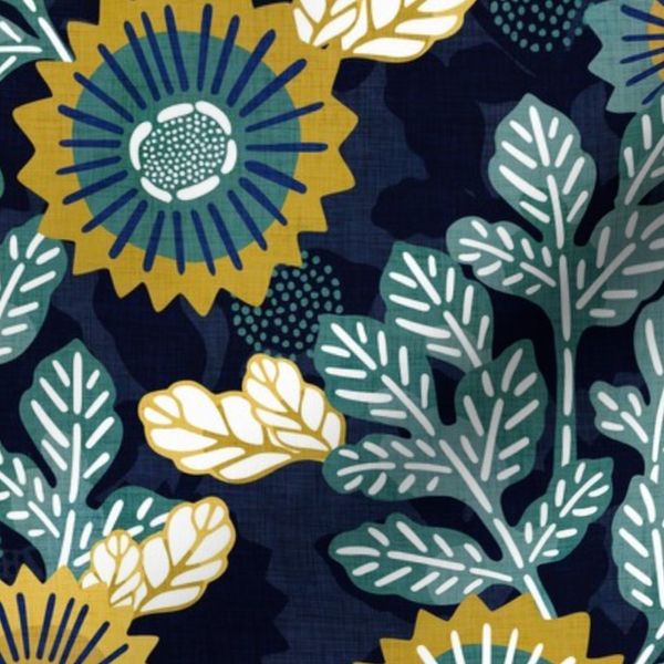 Victorian Floral Vintage Japanese Garden Gold and Teal on Blue Medium
