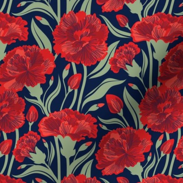 Small scale / Red carnation flowers / oxford navy blue vivid red coral and