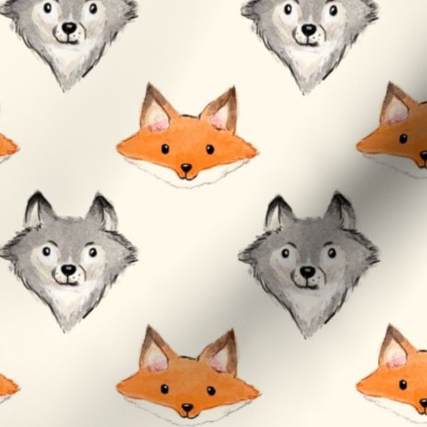 Fox and wolf watercolor bright handdrawn kids pattern smaller scale