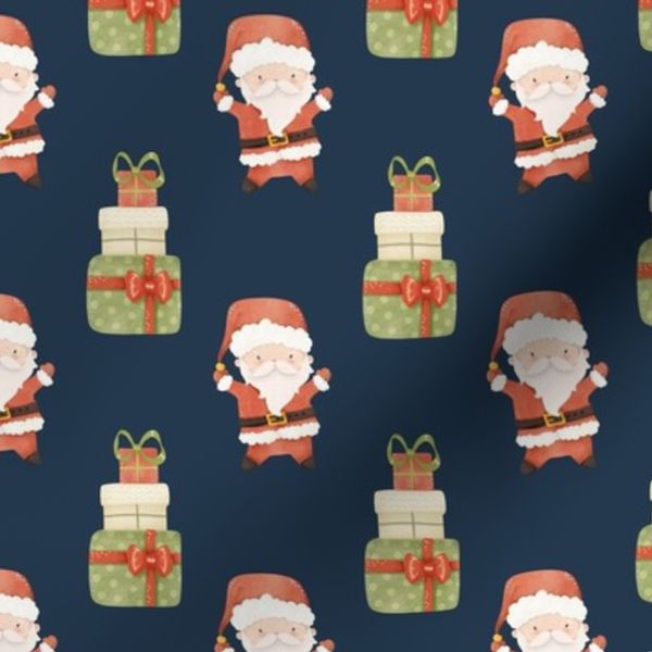 Medium Scale Jolly Christmas Red Santas and Gifts on Navy
