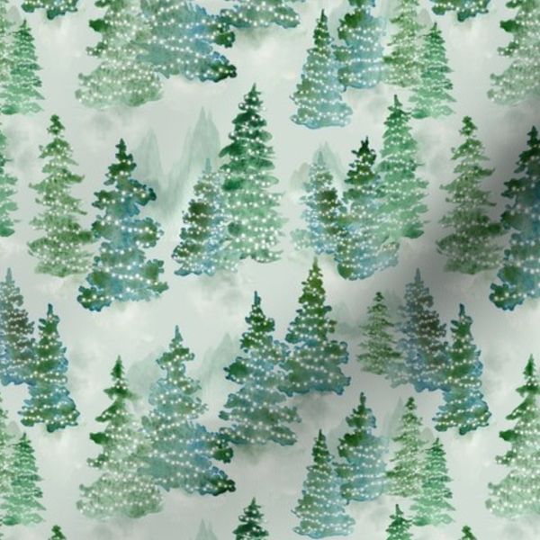 Watercolor Evergreen Christmas Trees with Lights Small Scale Woodland