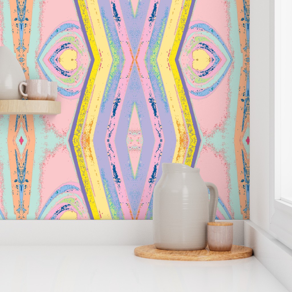 Corner of a kitchen counter with a window and shelf showing Peel and Stick wallpaper on the walls