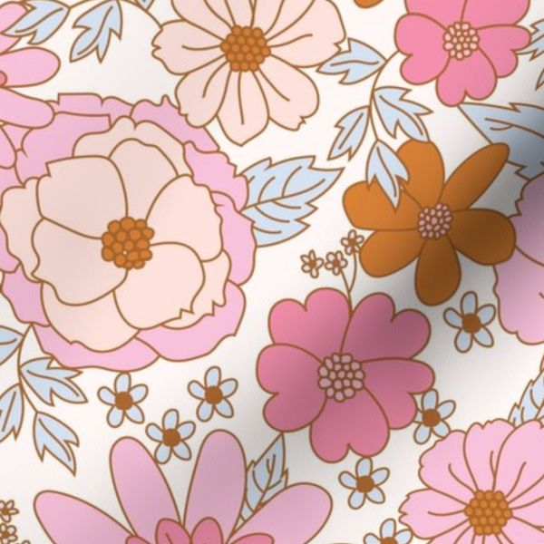 Retro Floral in Pastel Pink Blue and Tan Feminine Spring Valentine Flowers