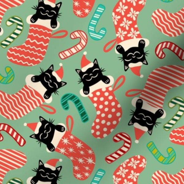 Meowy Christmas Cats In Stockings - Mint Green