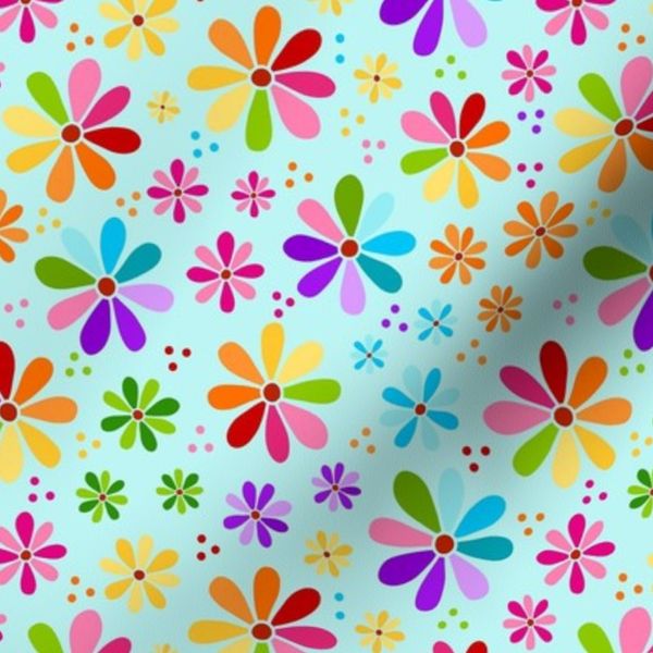 Medium Scale Rainbow Daisy Flowers on Blue