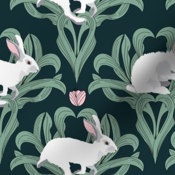 large print // Year of the Rabbit Tulip and white Easter bunny green pink