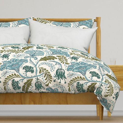 Bohemian Folk Art Floral - Vintage Block Print Botanical Ivory Dusty Blue J