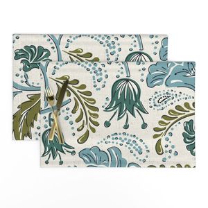 Bohemian Folk Art Floral - Vintage Block Print Botanical Ivory Dusty Blue J