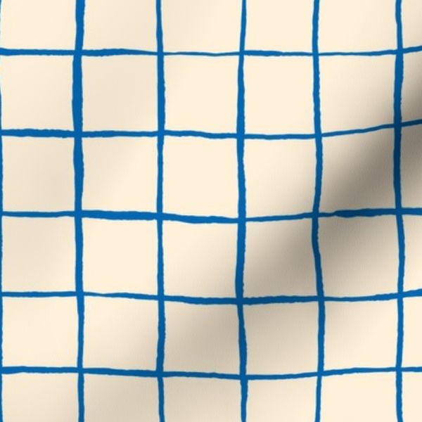 Hand Drawn Thin Check Blue on Beige Small