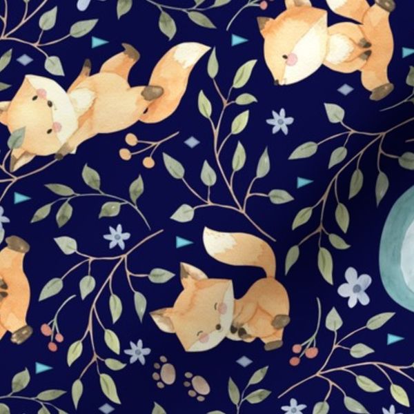 Freddie Fox + Rainbows (navy) Woodland Baby Fox and Leaves 12 repeat