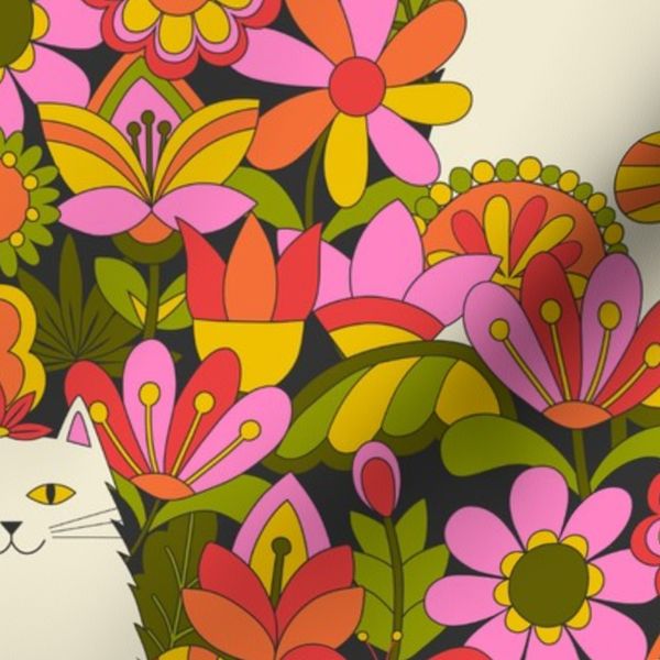 Flower Power Cats of the 1970s white cats in a garden of pink red yellow