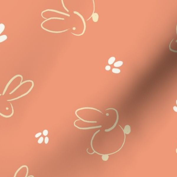 Large Cute Easter Bunnies and Footprints Ivory on Pastel Orange